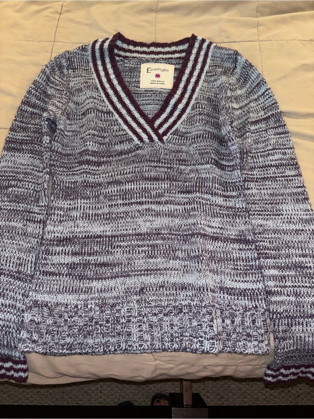 Energie Marled V-Neck Sweater in Light Blue and Maroon